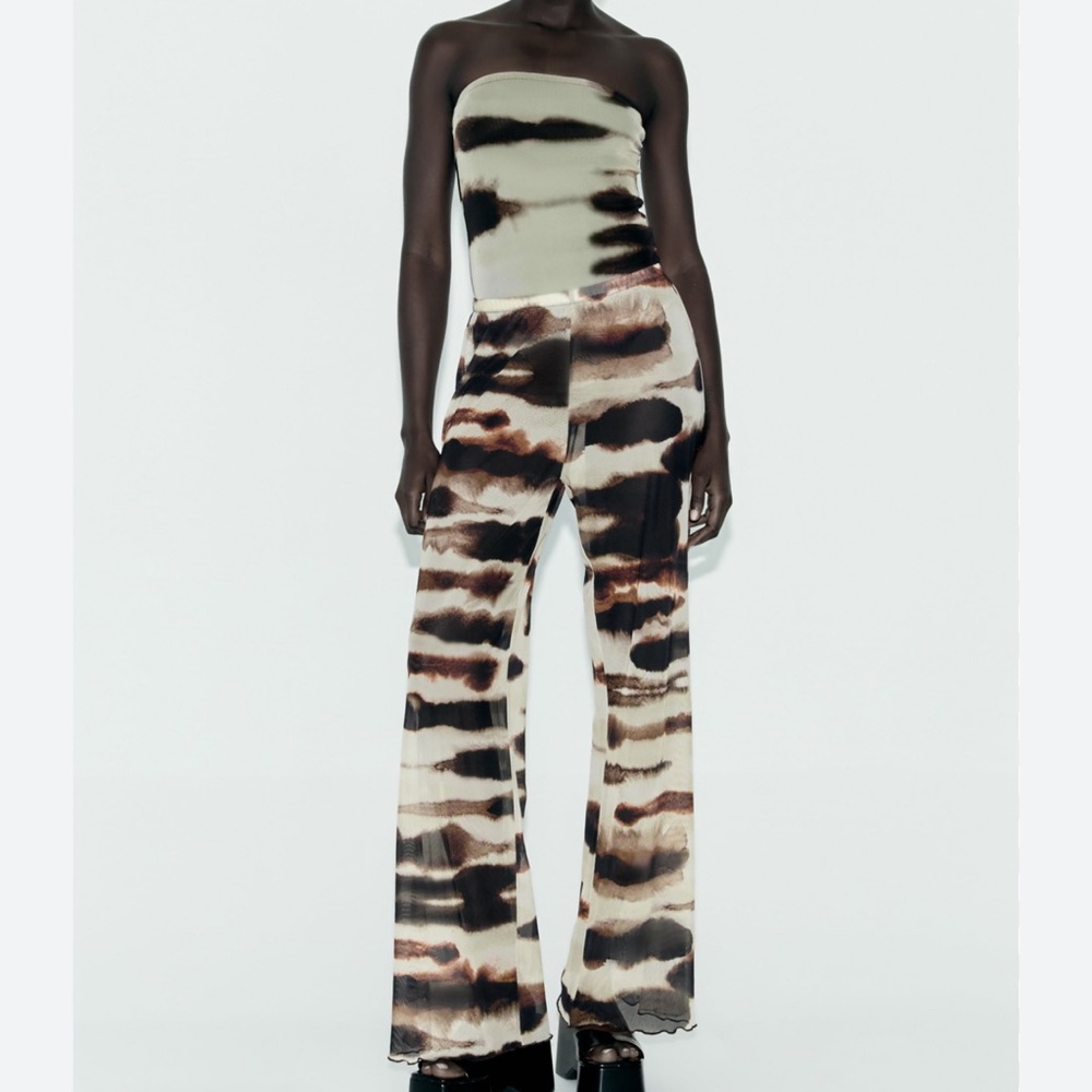 Zara High Waisted Tie Dye Tulle Print Mesh Straight Leg Pants Sz L - Picture 2 of 10